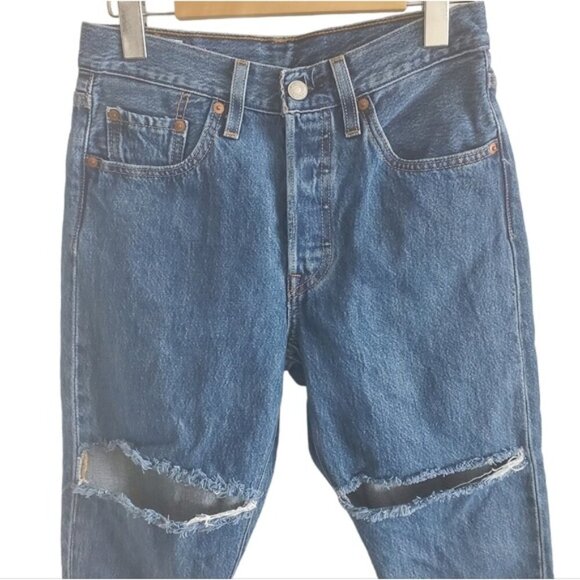 Levi's 501 Distressed Button Fly Blue Jeans Size 25 x 28 - Picture 3 of 9